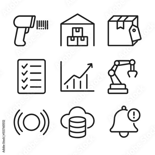AI Inventory Icons. Outline icon set of inventory management AI: barcode scanner, warehouse, box with tag, checklist, upward graph