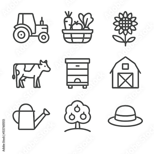 Agro-Tourism Icon Set. Outline icon set of agro-tourism experiences: farm tractor, vegetable basket, sunflower, dairy cow, beehive