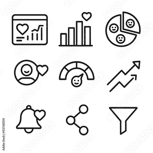 AI Analytics Icon Set. Outline icon set of AI empathy analytics: dashboard screen, bar chart, sentiment pie, user profile, score
