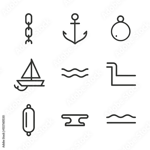 Anchored Bay Icons. Outline icon set of anchored bay sailboats: anchor chain, fluke icon, mooring buoy, anchored hull, calm water,