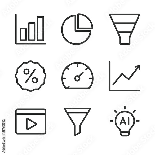 Analytical Icons Grid. Outline icon set of data-driven design analytics: bar graph, pie chart, user funnel, conversion rate badge,