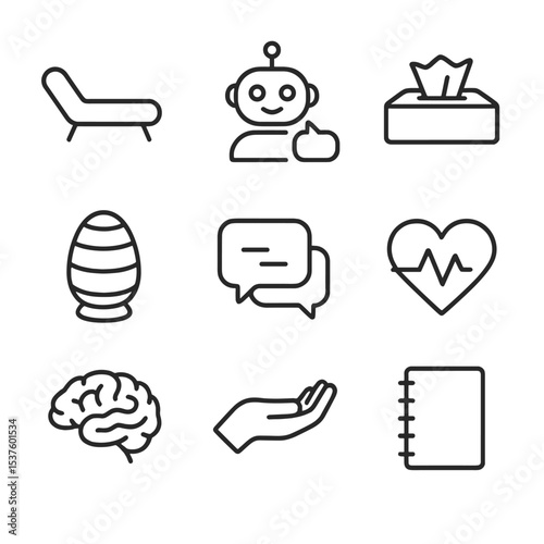 AI Therapy Icons. Outline icon set of AI mental health support: therapy couch, robot counselor, tissue box, calming lamp, chat