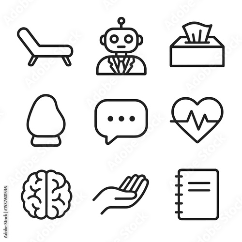AI Therapy Icons. Outline icon set of AI mental health support: therapy couch, robot counselor, tissue box, calming lamp, chat