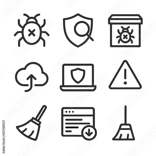 Antivirus Icon Set. Outline icon set of antivirus & malware protection: virus bug, shield scan, quarantine box, update cloud, full