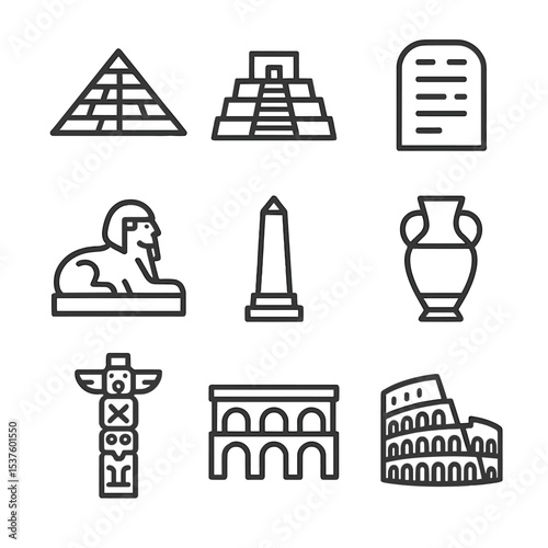 Ancient Icons Grid. Outline icon set of ancient civilizations: pyramid, ziggurat, stone tablet, sphinx statue, obelisk, amphora,