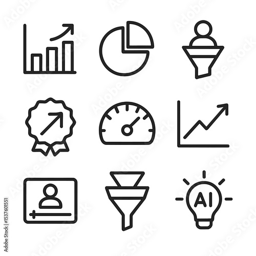 Analytical Icons Grid. Outline icon set of data-driven design analytics: bar graph, pie chart, user funnel, conversion rate badge,