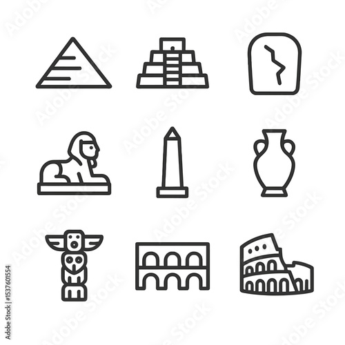 Ancient Icons Grid. Outline icon set of Mobility-as-a-Service platforms: platform icon, API integration, user dashboard, payment
