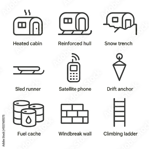 Arctic Explorer Pod Icons. Outline icon set of arctic explorer pods: heated cabin, reinforced hull, snow trench door, sled runner,
