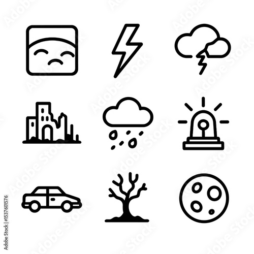 Apocalyptic Icon Set. Outline icon set of apocalyptic skies: red sky gradient, lightning bolt, broken cloud, ruin silhouette, ash