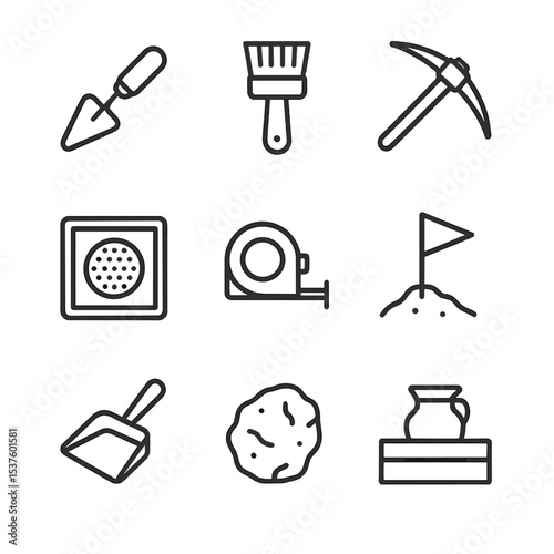 Archaeology Tools Icons. Outline icon set of archaeological excavation tools: trowel, brush, pickaxe, sieve tray, measuring tape,