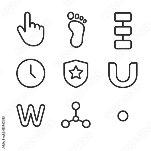 Attribution Model Icons. Outline icon set of attribution modeling types: first-touch hand, last-touch footprint, linear chain,