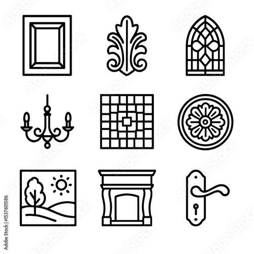 Artisan Craft Icon Set. Outline icon set of artisan craftsmanship details: custom cabinetry panel, hand-carved wood applique,