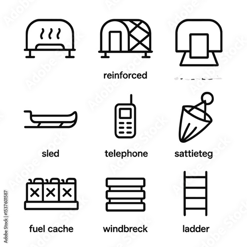 Arctic Explorer Pod Icons. Outline icon set of arctic explorer pods: heated cabin, reinforced hull, snow trench door, sled runner,