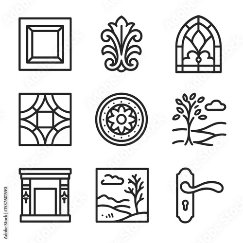 Artisan Craft Icon Set. Outline icon set of artisan craftsmanship details: custom cabinetry panel, hand-carved wood applique,