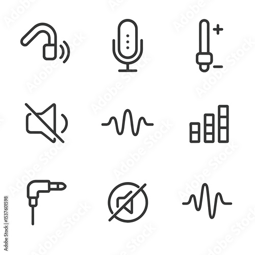 Audio Components Icons. Outline icon set of audio components: bone conduction speaker, microphone array, volume slider, noise