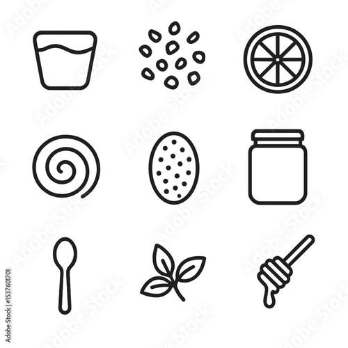 Breakfast Parfait Icons. Outline icon set of breakfast parfait with jam: yogurt layer, granola sprinkle, fruit slice, jam swirl,