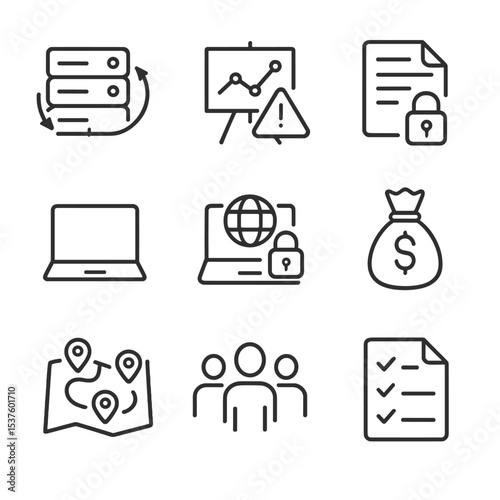Business Continuity Icons. Outline icon set of business continuity planning: backup server, risk assessment chart, contingency