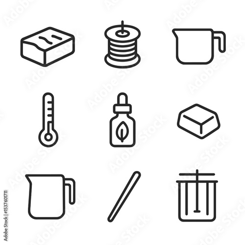 Candle Making Icons. Outline icon set of candle making supplies: wax block, wick spool, melting pot, thermometer, fragrance oil