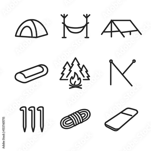 Camping Gear Icons. Outline icon set of shelters and campsites: dome tent, hammock tent, tarp shelter, bivy sack, campsite