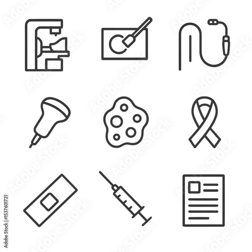 Cancer Screening Icons. Outline icon set of cancer screenings: mammography unit, pap smear slide, colonoscopy scope, biopsy needle