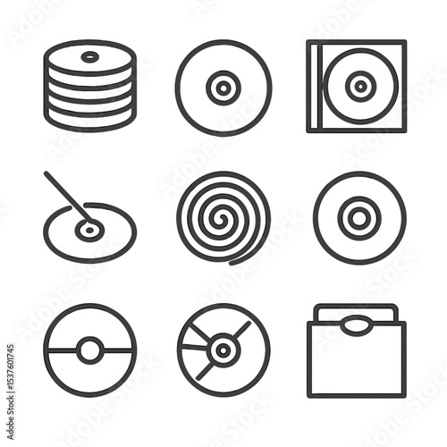 CD DVD Icon Set. Outline icon set of CD and DVD surfaces: disc stack, single disc, jewel case, laser beam, track spiral, hub hole,