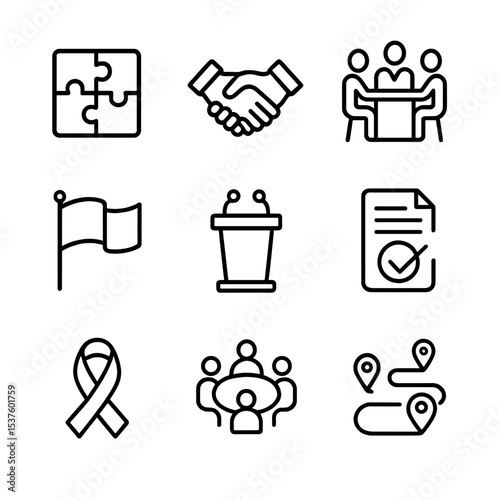 Coalition Governance Icons. Outline icon set of coalition governance: puzzle-piece parties, handshake alliance, consensus table,