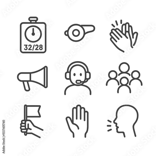 Coaching Signal Icons. Outline icon set of coaching signals: stroke rate board, whistle signal, hand clap cue, pace coach horn,