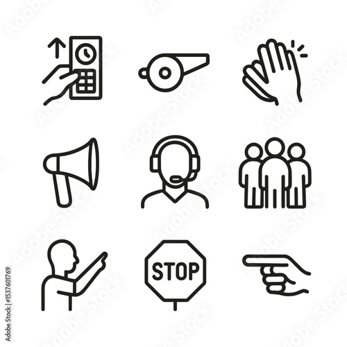 Coaching Signal Icons. Outline icon set of coaching signals: stroke rate board, whistle signal, hand clap cue, pace coach horn,