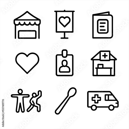 Community Health Fair Icons. Outline icon set of community health fairs: booth tent, banner stand, pamphlet, volunteer badge,