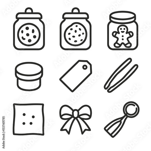 Cookie Jar Icons Display. Outline icon set of cookie glass jars: chocolate chip cookie, oatmeal cookie, gingerbread man, jar lid,