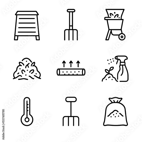 Composting Tools Icons. Outline icon set of composting cuttings waste: compost bin, garden fork, shredding machine, compost pile,