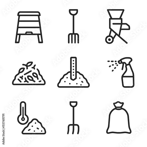 Composting Tools Icons. Outline icon set of composting cuttings waste: compost bin, garden fork, shredding machine, compost pile,