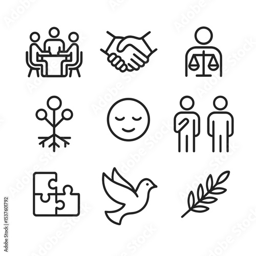 Conflict Resolution Icons. Outline icon set of conflict resolution techniques: mediation table, compromise handshake, neutral