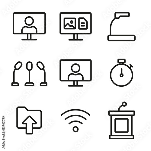 Courtroom Technology Icons. Outline icon set of courtroom layout and protocol: judge’s bench, defense table, prosecution table,