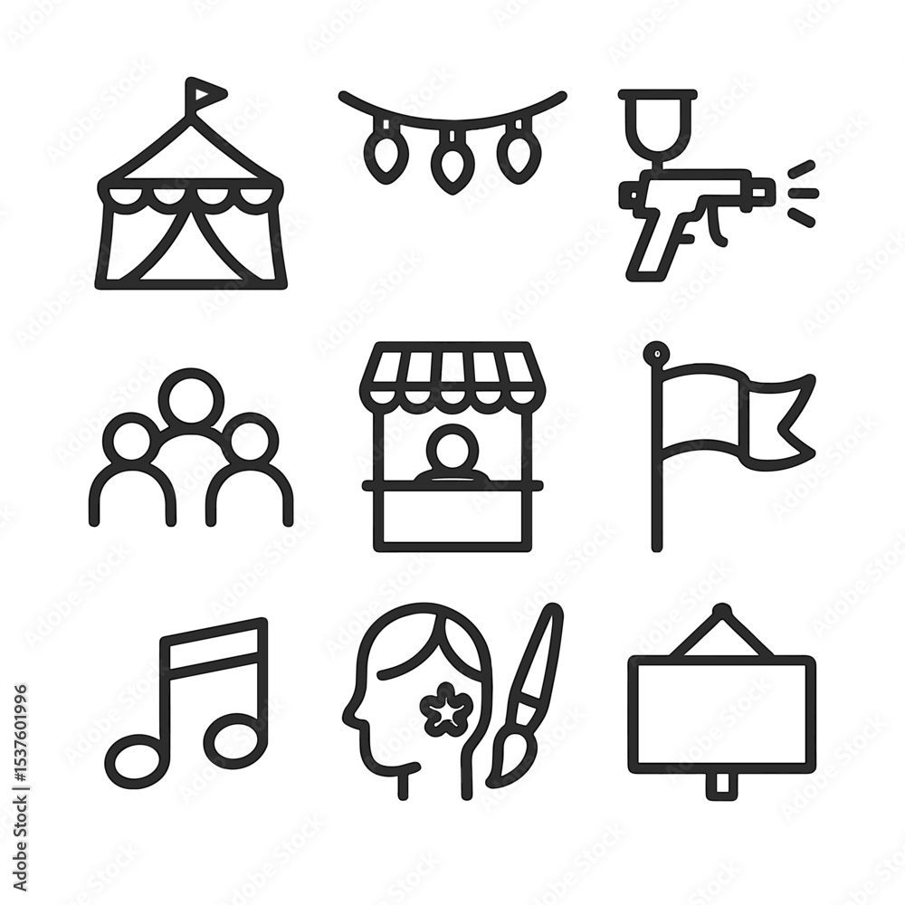 Festival Icon Set. Outline icon set of festival painting booth: carnival tent, string lights, spray paint gun, crowd silhouette,