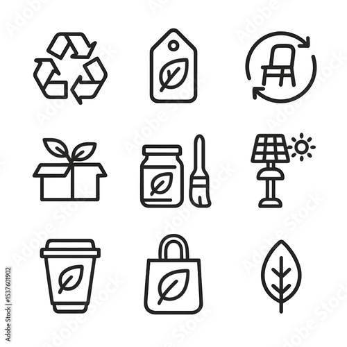 Eco-Friendly Icon Set. Outline icon set of sustainable and eco-friendly crafts: recycled material icon, biodegradable tag,