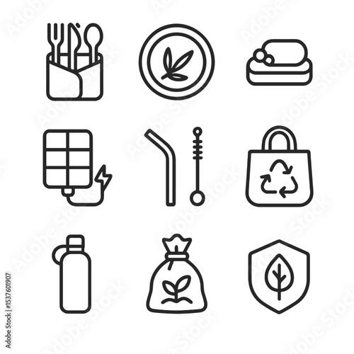 Eco-Friendly Camping Icons. Outline icon set of eco-friendly camping items: reusable utensil set, bamboo plate, biodegradable soap