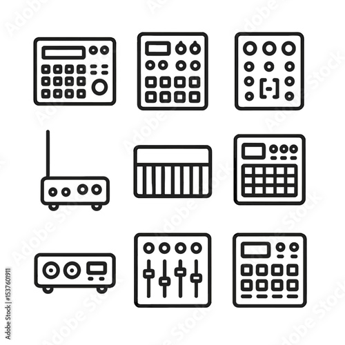 Electronic Instrument Icons. Outline icon set of electronic and digital instrument collection: drum machine, MIDI controller,