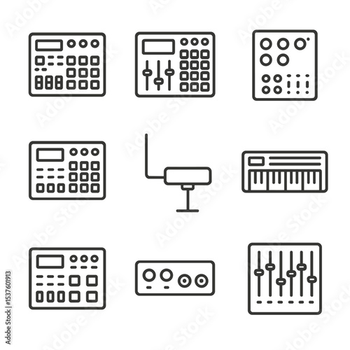 Electronic Instrument Icons. Outline icon set of electronic and digital instrument collection: drum machine, MIDI controller,