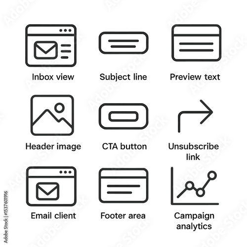 Email Campaign Icon Set. Outline icon set of wildlife connection moments: deer silhouette, fox face, bird perched, butterfly