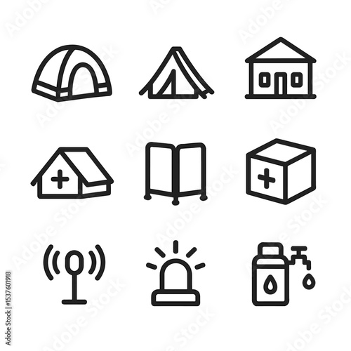 Emergency Icons Set. Outline icon set of emergency relief shelters: rapid-deploy tent, a-frame shelter, communal hall, medical bay
