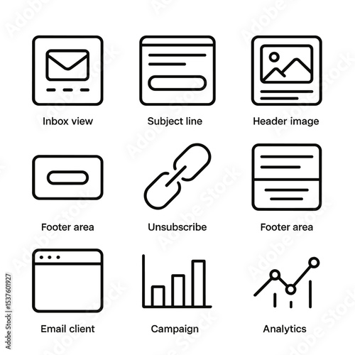 Email Campaign Icon Set. Outline icon set of email campaign mockups: inbox view, subject line, preview text, header image, CTA