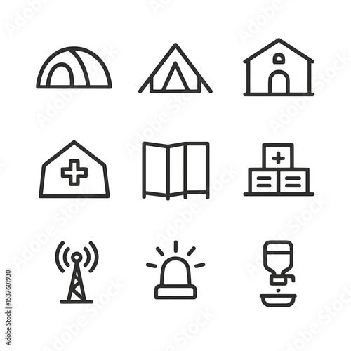 Emergency Icons Set. Outline icon set of emergency relief shelters: rapid-deploy tent, a-frame shelter, communal hall, medical bay