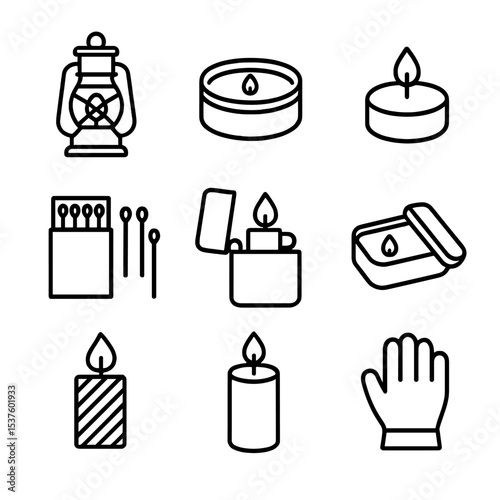 Emergency Candle Icons. Outline icon set of emergency and survival candles: hurricane lantern, emergency tin candle, camping