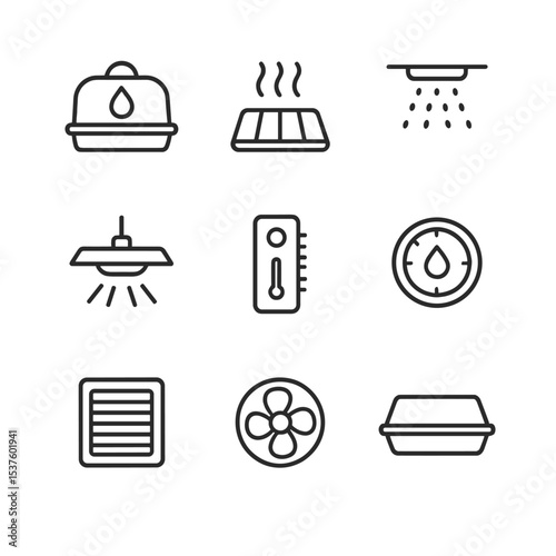 Environmental Control Icons. Outline icon set of environmental control: humidity dome, heat mat, misting system, grow light,