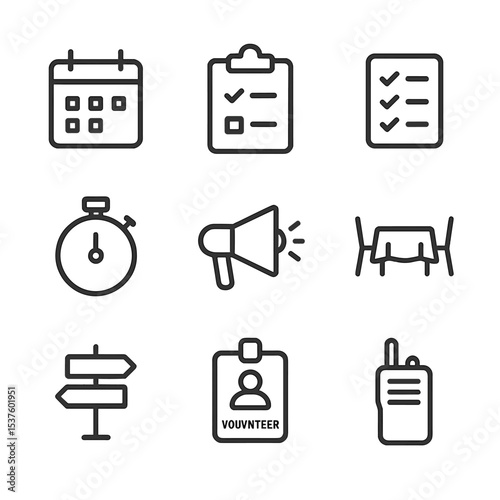 Event Coordination Icons. Outline icon set of environmental conservation: tree sapling, watering can, soil trowel, gardening