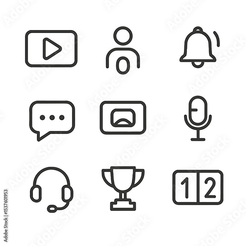 Esports Icons Set. Outline icon set of online features: multiplayer icon, cloud save, matchmaking arrows, voice chat mic, friend