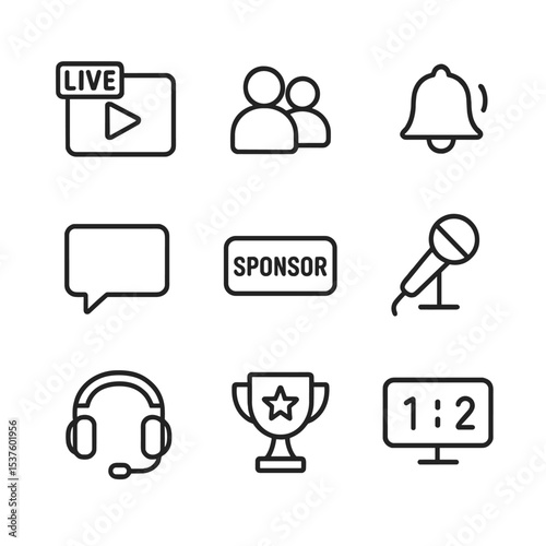 Esports Icons Set. Outline icon set of esports & streaming: live stream play button, viewer count, subscribe bell, chat message,