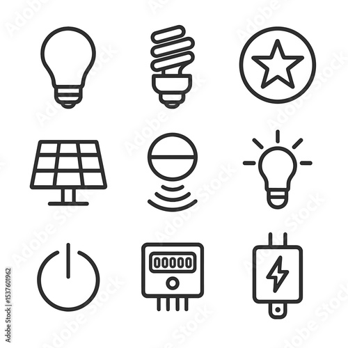 Energy-Efficient Icon Set. Outline icon set of energy-efficient lighting: LED bulb, CFL bulb, Energy Star badge, solar panel,