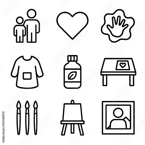 Family Painting Icons. Outline icon set of family painting activity: parent and child figures, heart motif, handprint splash,
